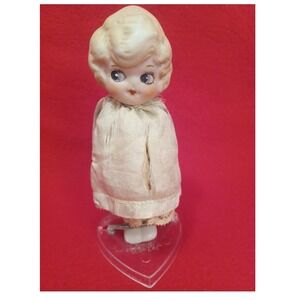 Antique Bisque Doll on Knickerbocker Heart Stand Missing Arms Vintage Doll Japan